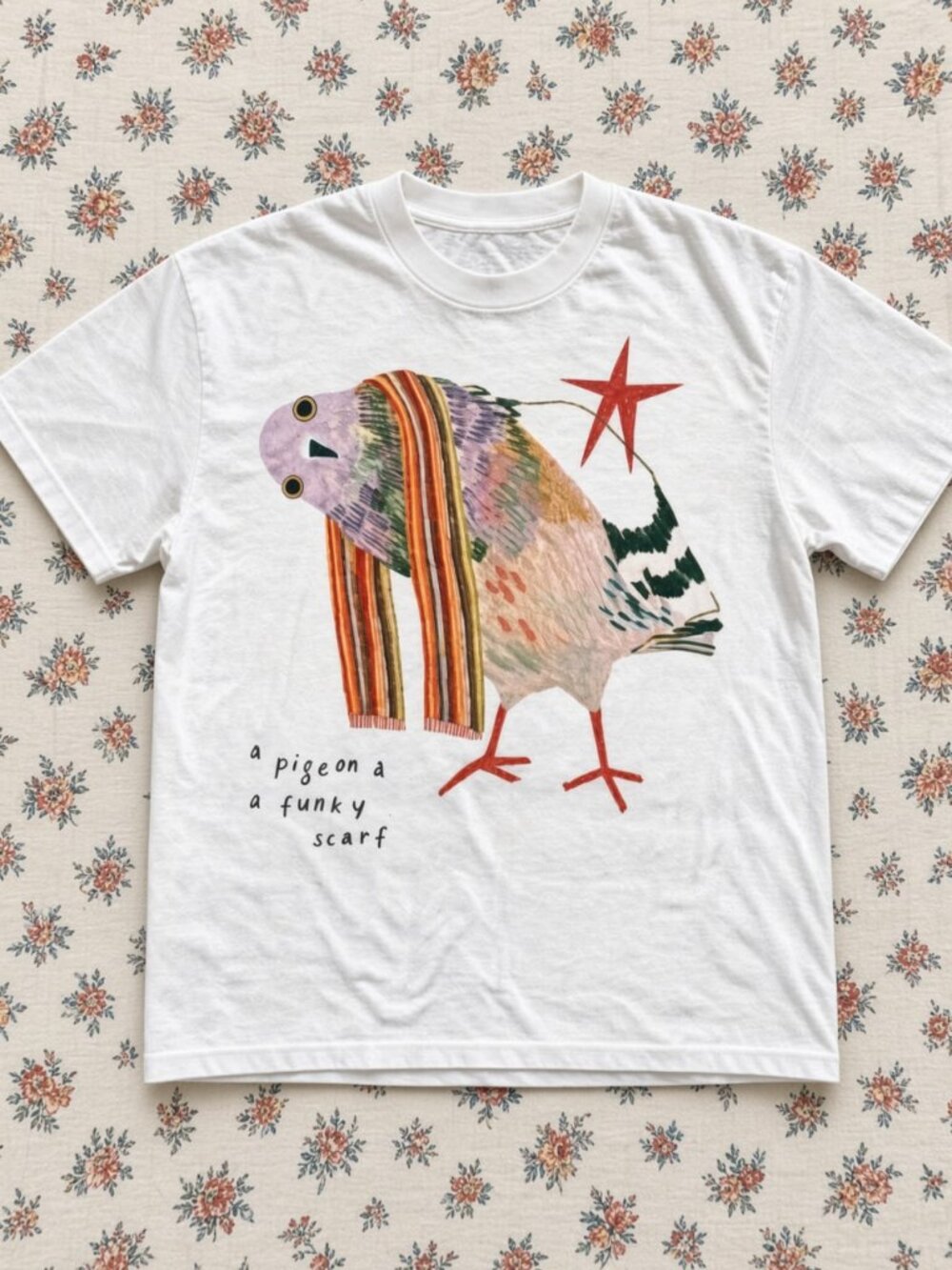 Pigeon Funky Scarf Graphic Tee White Cute Bird Art T-Shirt